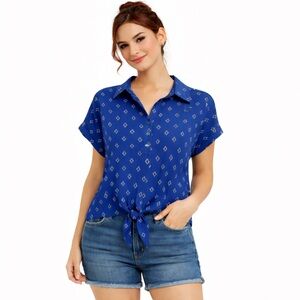 NWT Women's Adrienne Vittadini Blue & White Tie Front Blouse L